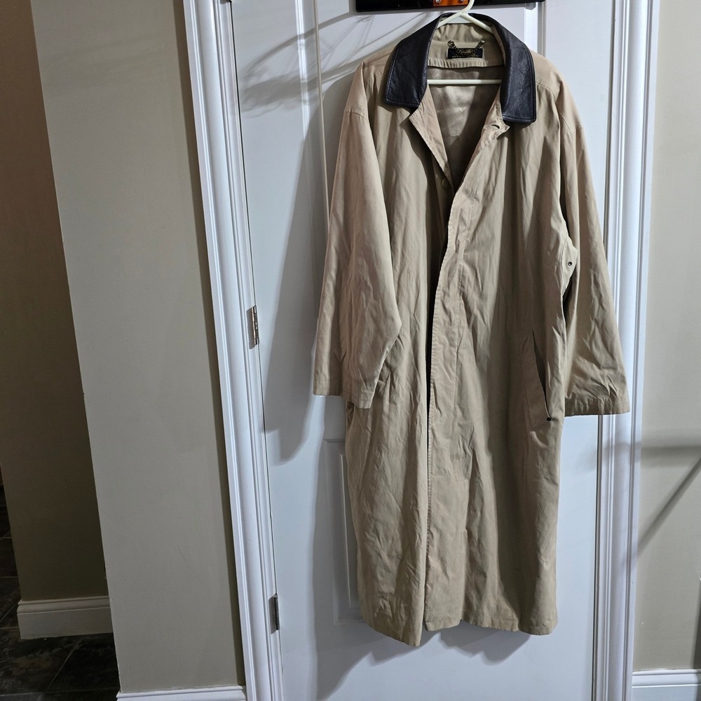 brooks brother Trench Coat Mens 44R Tan Leather Collar Long Duster Jacket